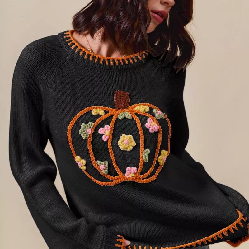 SO ME Pumpkin Floral Embroidered Thanksgiving Sweater-Sweater-Krush Kandy, Women's Online Fashion Boutique Located in Phoenix, Arizona (Scottsdale Area)