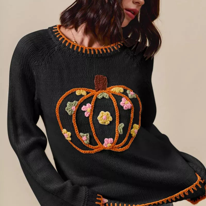 SO ME Pumpkin Floral Embroidered Thanksgiving Sweater-Sweater-Krush Kandy, Women's Online Fashion Boutique Located in Phoenix, Arizona (Scottsdale Area)