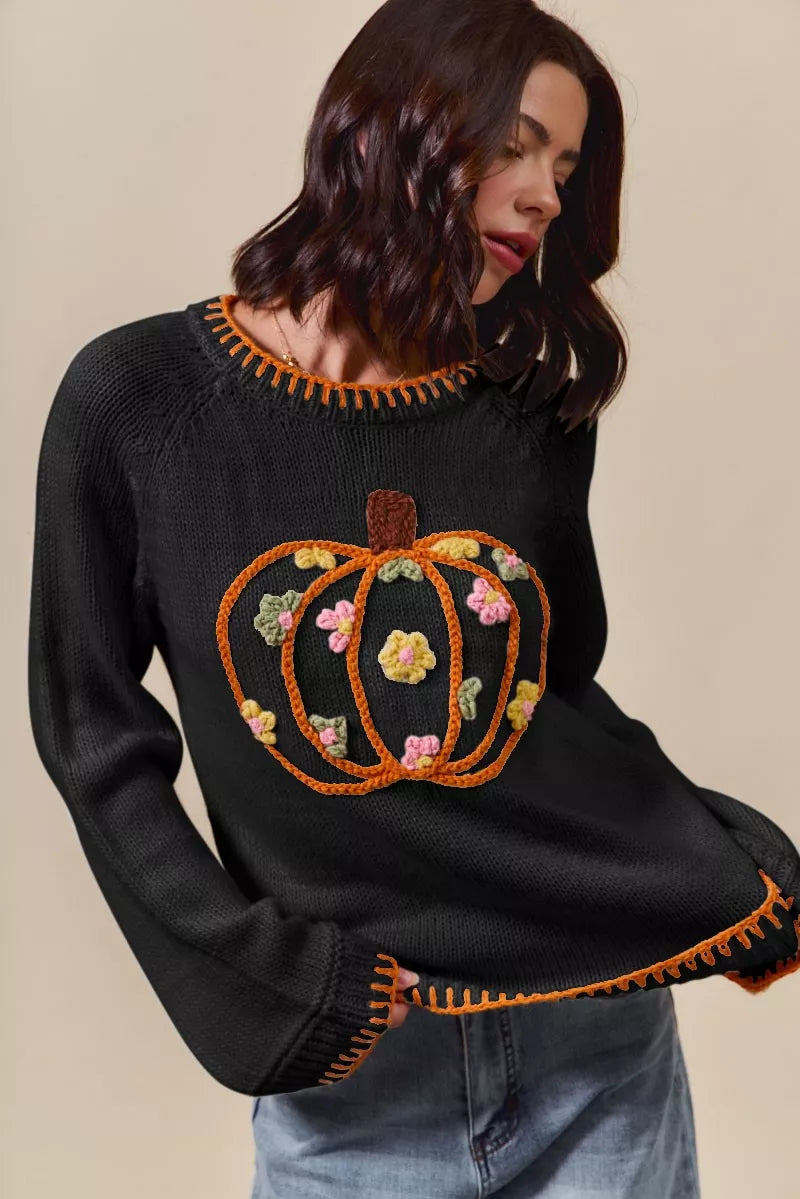 SO ME Pumpkin Floral Embroidered Thanksgiving Sweater-Sweater-Krush Kandy, Women's Online Fashion Boutique Located in Phoenix, Arizona (Scottsdale Area)