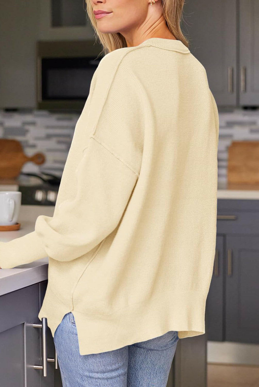 Slit Round Neck Dropped Shoulder Sweater-Krush Kandy, Women's Online Fashion Boutique Located in Phoenix, Arizona (Scottsdale Area)