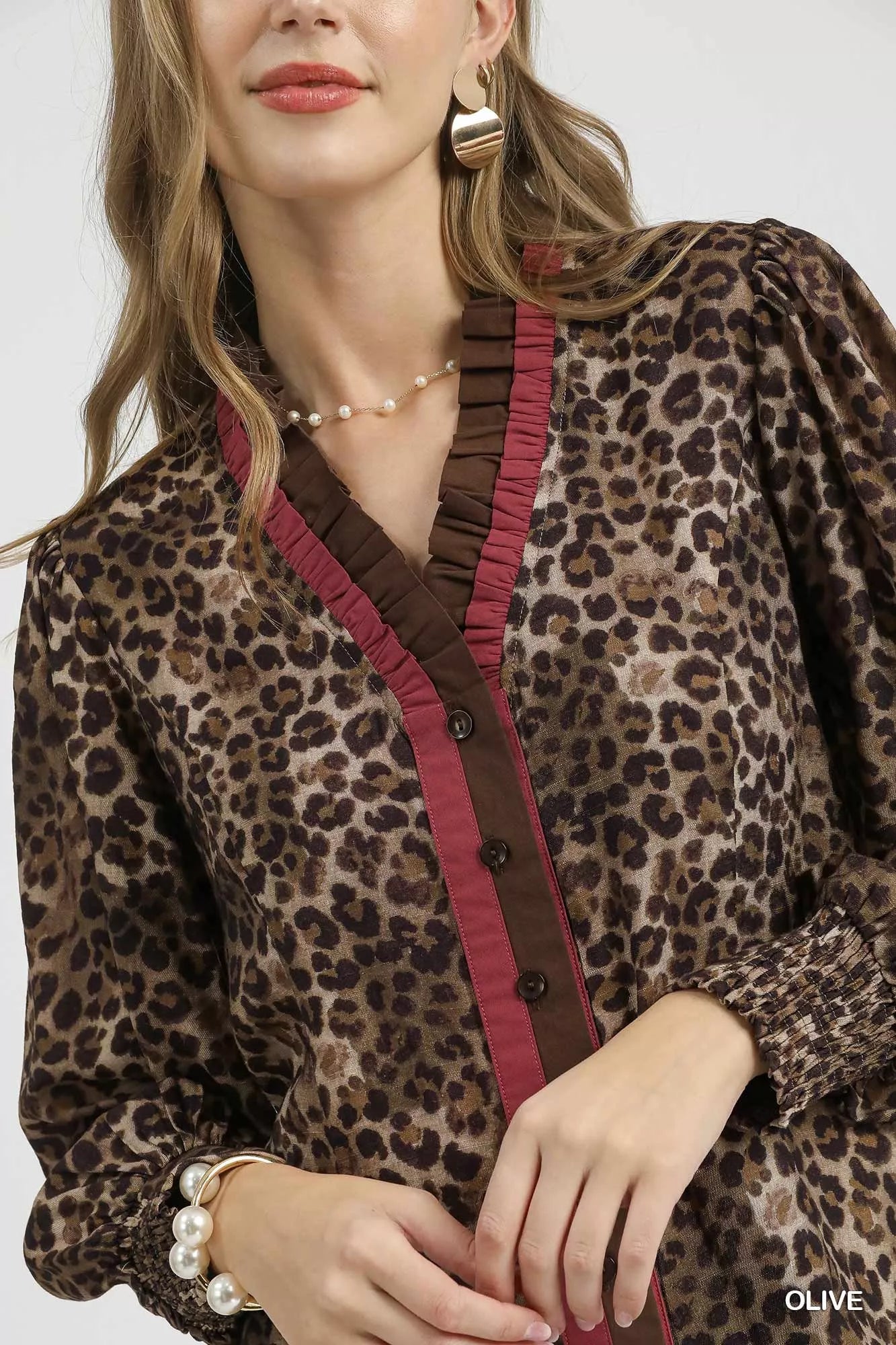 Umgee Ruffle Trim Leopard Print Shirt-Blouses-Krush Kandy, Women's Online Fashion Boutique Located in Phoenix, Arizona (Scottsdale Area)