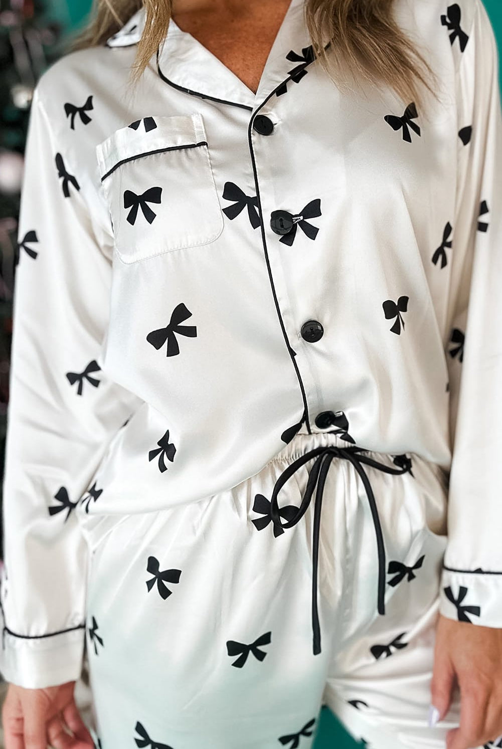 Black Bow Satin Pajama Set-Loungewear-Krush Kandy, Women's Online Fashion Boutique Located in Phoenix, Arizona (Scottsdale Area)
