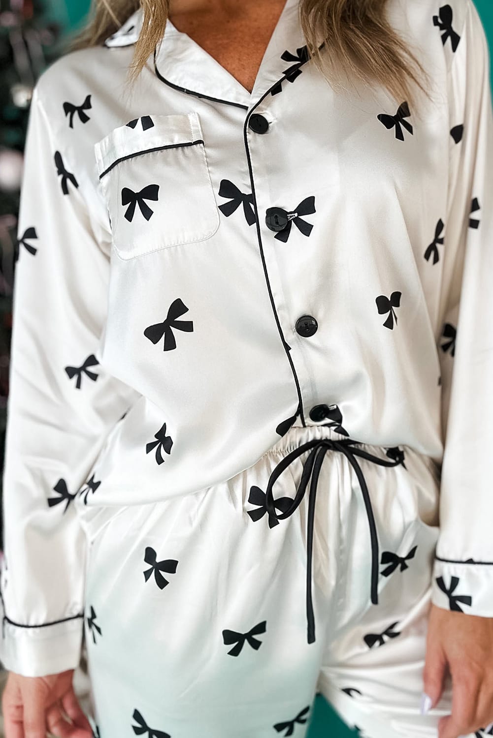 Black Bow Satin Pajama Set-Loungewear-Krush Kandy, Women's Online Fashion Boutique Located in Phoenix, Arizona (Scottsdale Area)