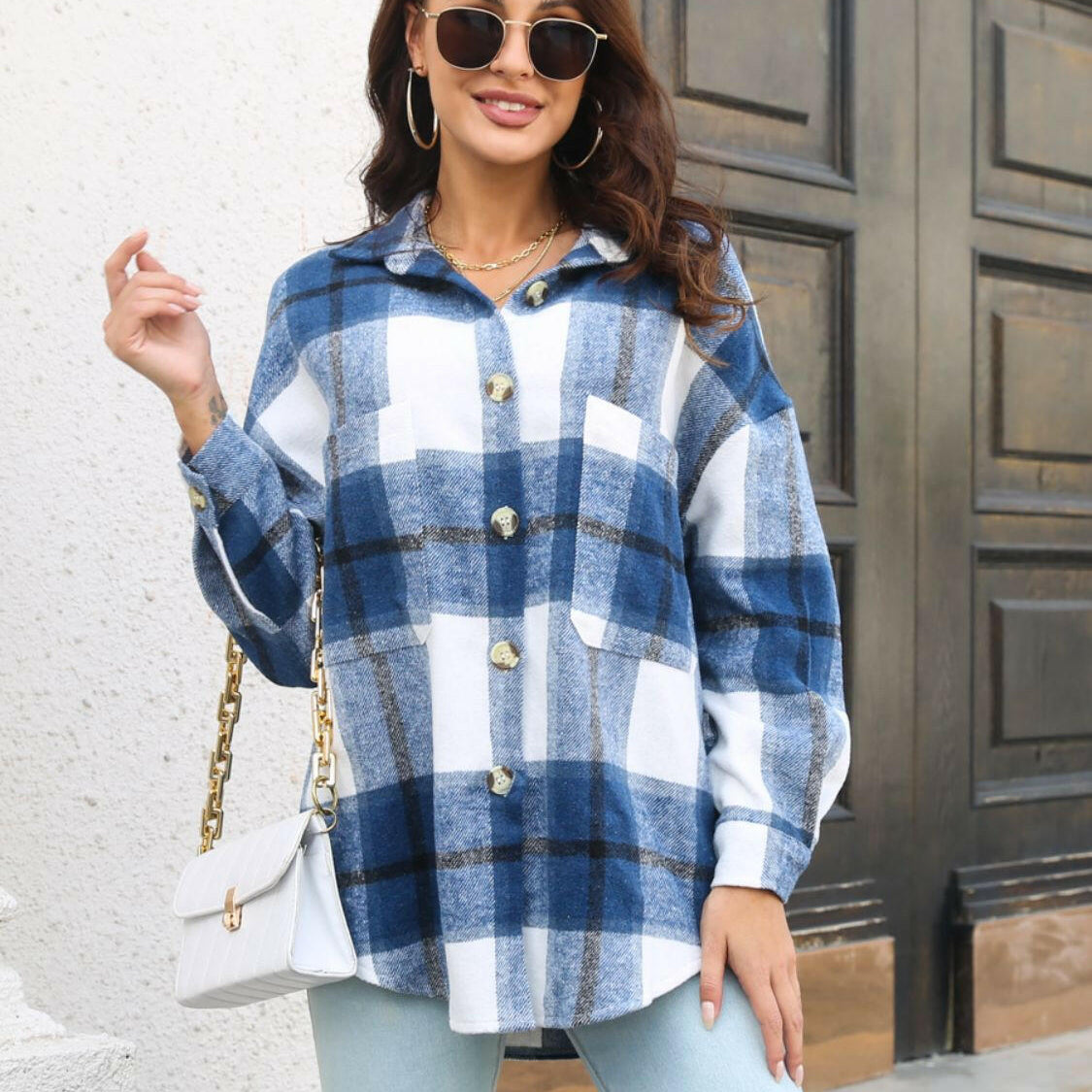 Plaid Button Up Collared Neck Long Sleeve Shirt-Long Sleeve Tops-Krush Kandy, Women's Online Fashion Boutique Located in Phoenix, Arizona (Scottsdale Area)