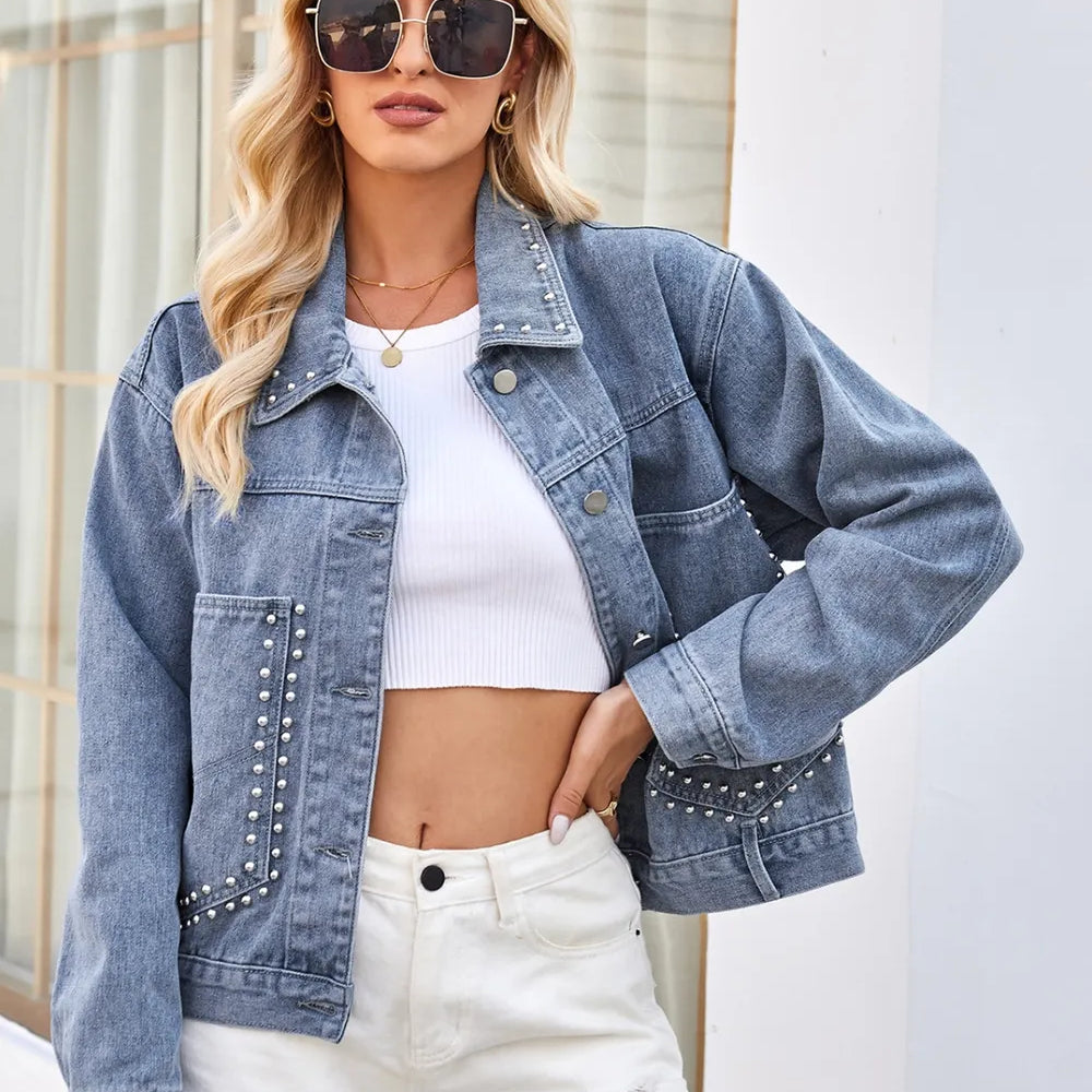 Studded Long Sleeve Denim Jacket-Krush Kandy, Women's Online Fashion Boutique Located in Phoenix, Arizona (Scottsdale Area)