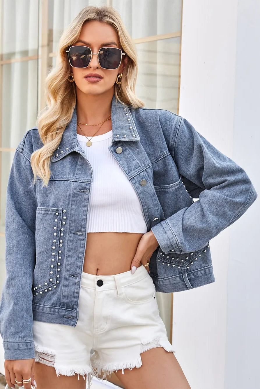 Studded Long Sleeve Denim Jacket-Krush Kandy, Women's Online Fashion Boutique Located in Phoenix, Arizona (Scottsdale Area)