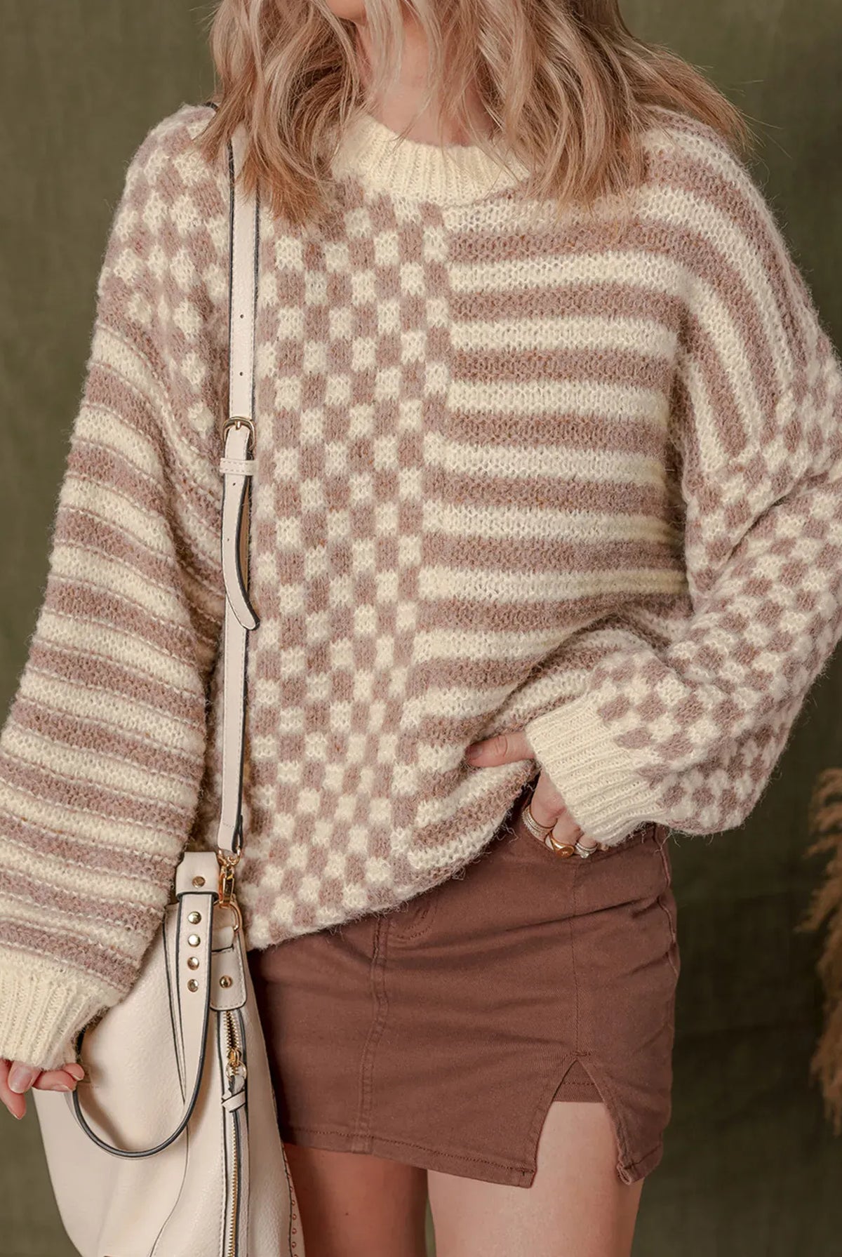 Stripe Checkerboard Drop Shoulder Balloon Sleeve Sweater-Sweaters-Krush Kandy, Women's Online Fashion Boutique Located in Phoenix, Arizona (Scottsdale Area)
