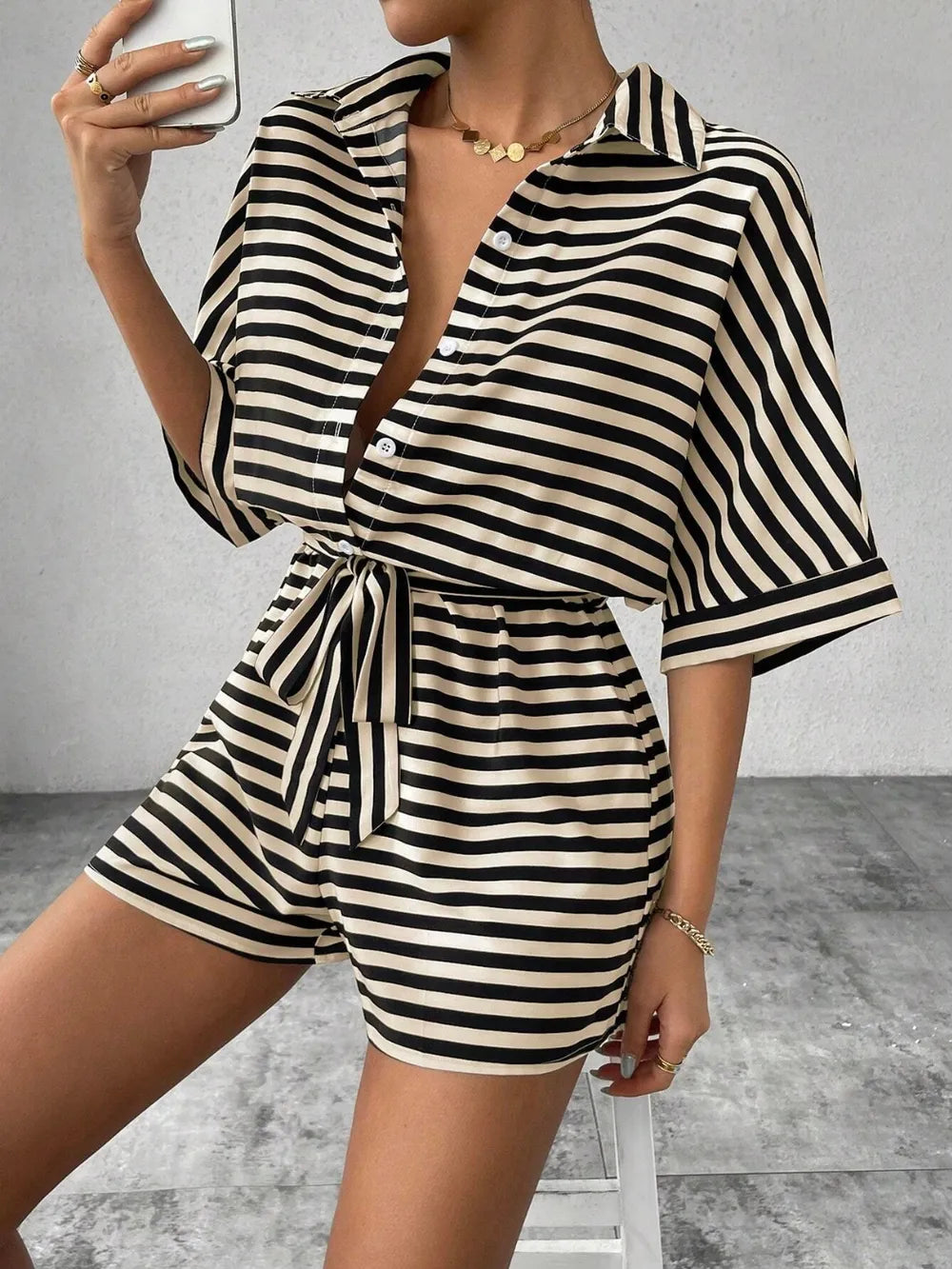 Tie Waist Half Button Striped Romper-Jumpsuits & Rompers-Krush Kandy, Women's Online Fashion Boutique Located in Phoenix, Arizona (Scottsdale Area)