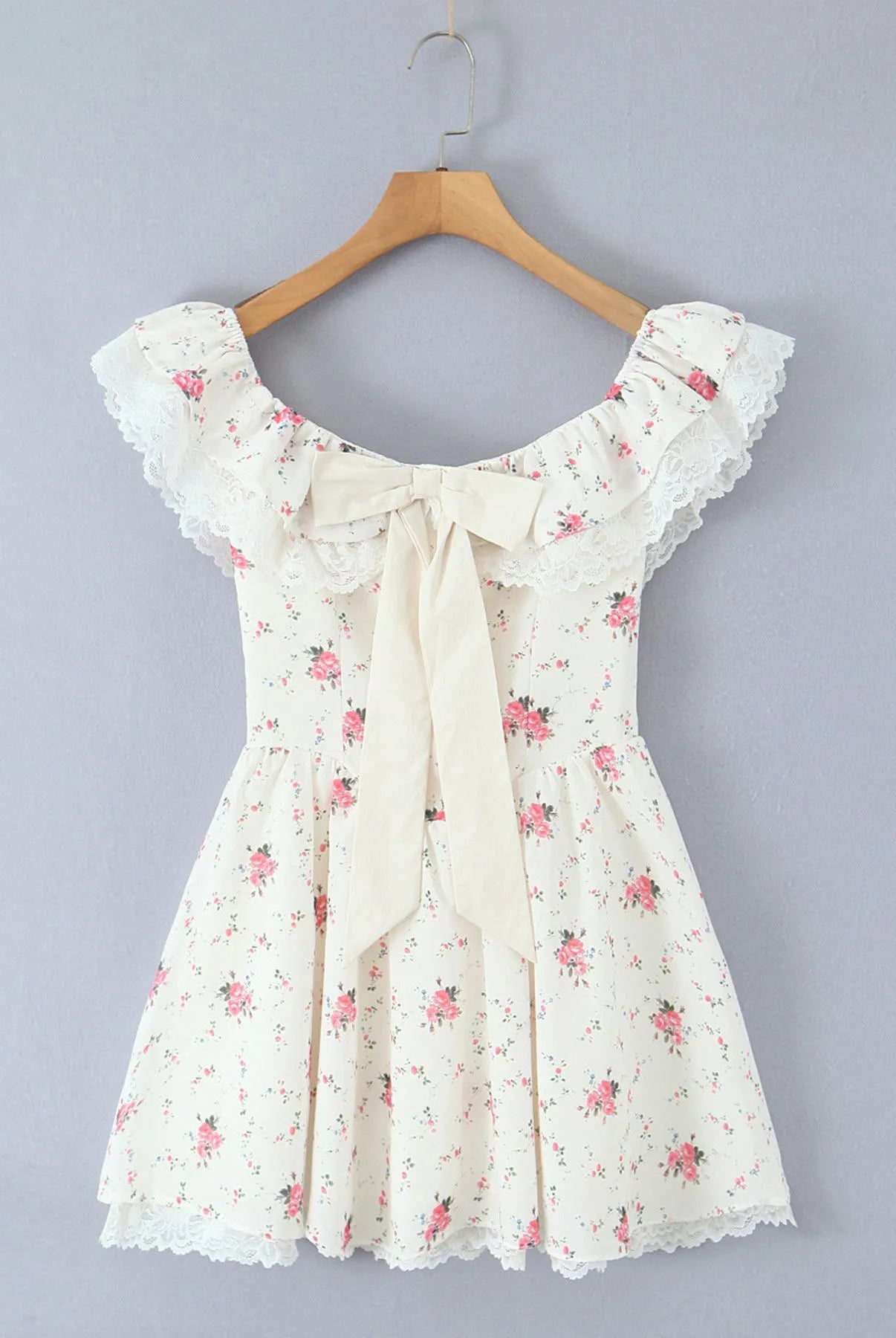 Off-Shoulder Floral Lace Trim Mini Dress-Dresses-Krush Kandy, Women's Online Fashion Boutique Located in Phoenix, Arizona (Scottsdale Area)