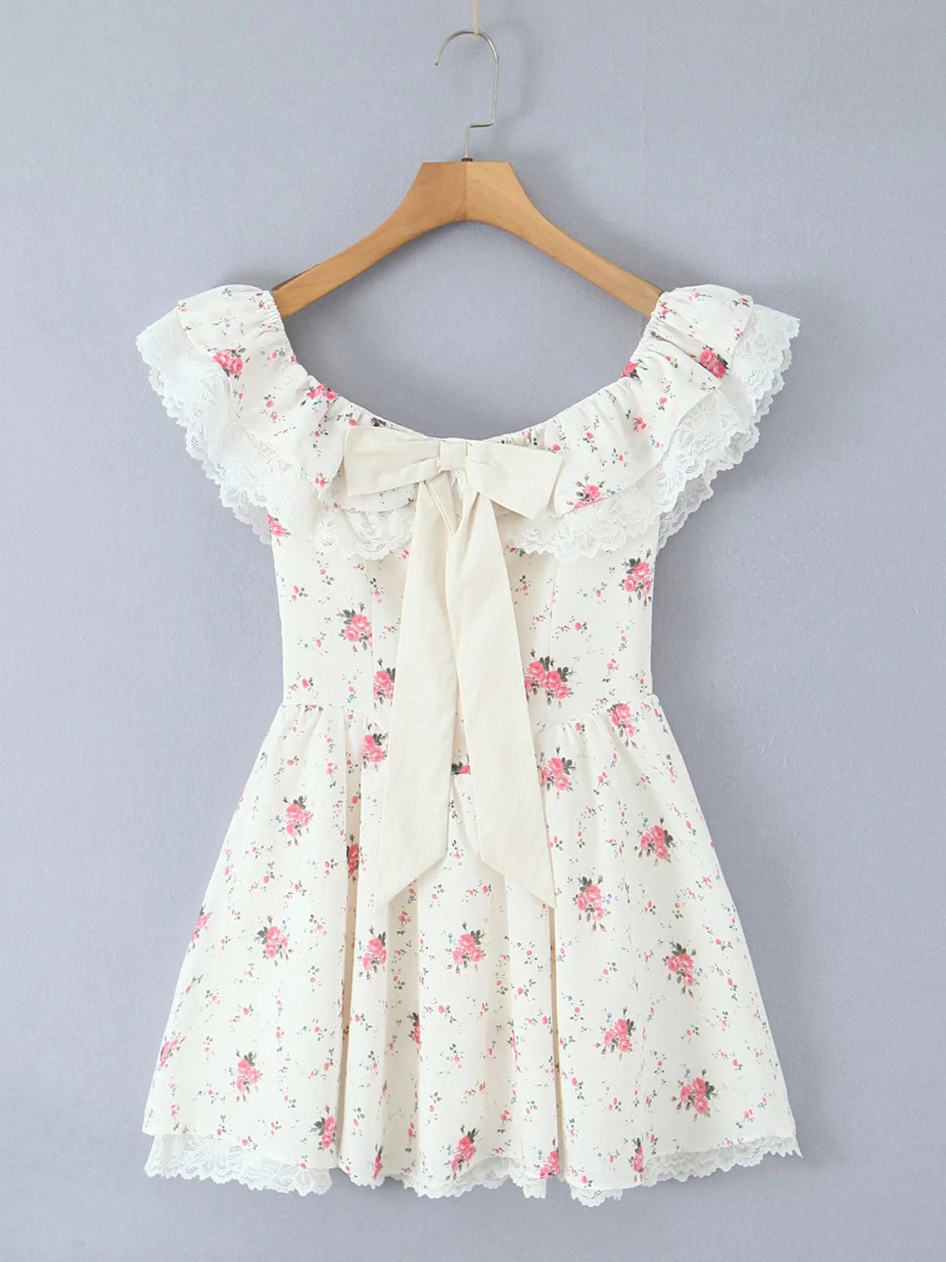 Off-Shoulder Floral Lace Trim Mini Dress-Dresses-Krush Kandy, Women's Online Fashion Boutique Located in Phoenix, Arizona (Scottsdale Area)