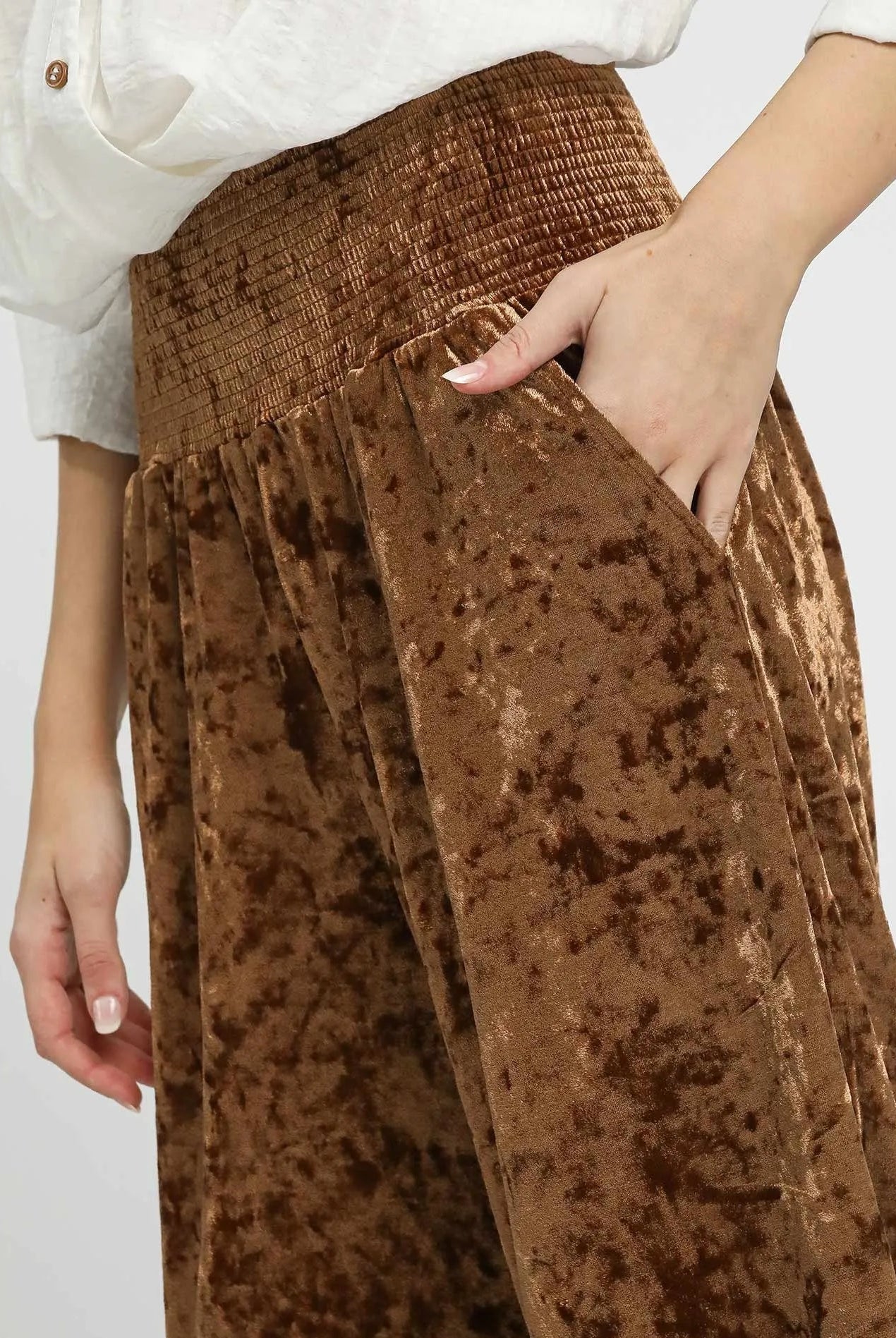 Umgee Velvet Smocked Waistband Wide Leg Pants-Pants-Krush Kandy, Women's Online Fashion Boutique Located in Phoenix, Arizona (Scottsdale Area)