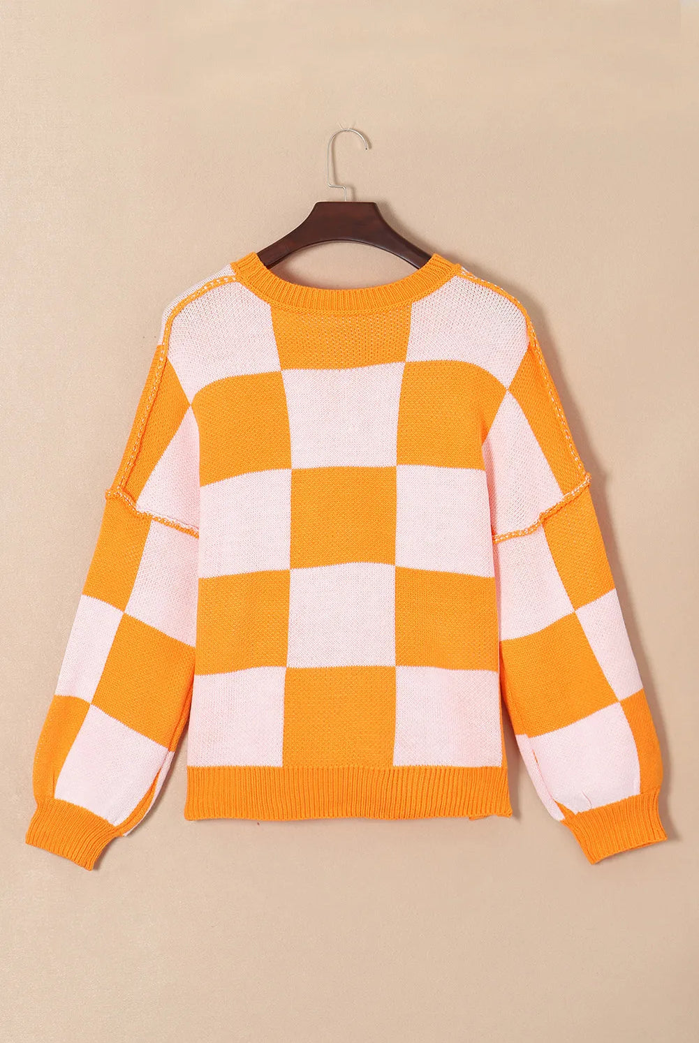 Pumpkin Checkered Round Neck Long Sleeve Sweater-Sweater-Krush Kandy, Women's Online Fashion Boutique Located in Phoenix, Arizona (Scottsdale Area)