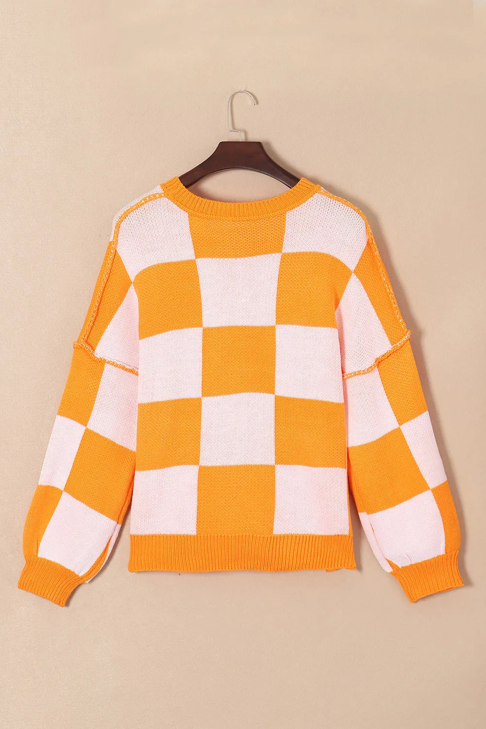 Pumpkin Checkered Round Neck Long Sleeve Sweater-Sweater-Krush Kandy, Women's Online Fashion Boutique Located in Phoenix, Arizona (Scottsdale Area)