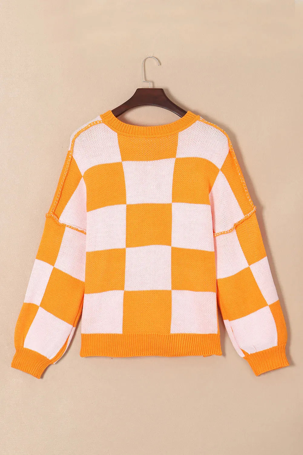 Pumpkin Checkered Round Neck Long Sleeve Sweater-Sweater-Krush Kandy, Women's Online Fashion Boutique Located in Phoenix, Arizona (Scottsdale Area)