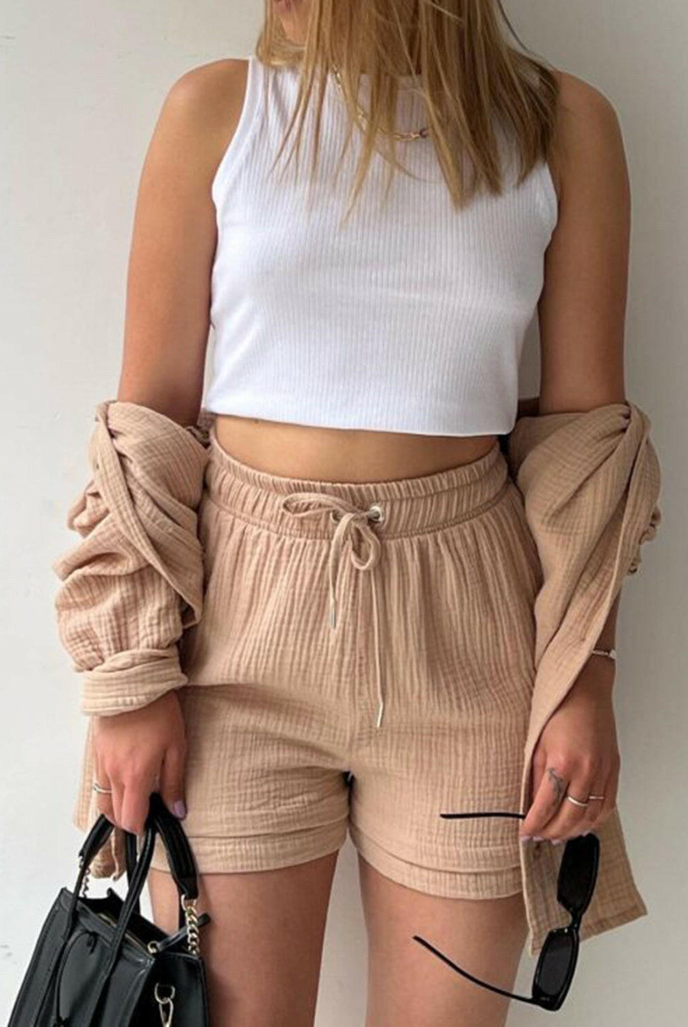 Kinsley Texture Button-Up Shirt and Drawstring Shorts Set-Krush Kandy, Women's Online Fashion Boutique Located in Phoenix, Arizona (Scottsdale Area)