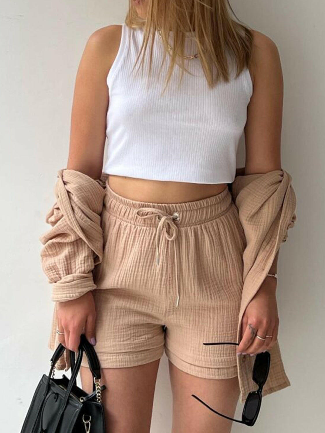 Kinsley Texture Button-Up Shirt and Drawstring Shorts Set-Krush Kandy, Women's Online Fashion Boutique Located in Phoenix, Arizona (Scottsdale Area)