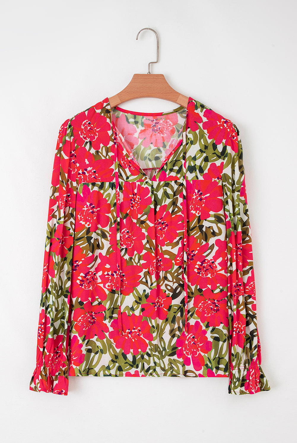 Red Floral Ruffle Tie Blouse-Long Sleeve Tops-Krush Kandy, Women's Online Fashion Boutique Located in Phoenix, Arizona (Scottsdale Area)