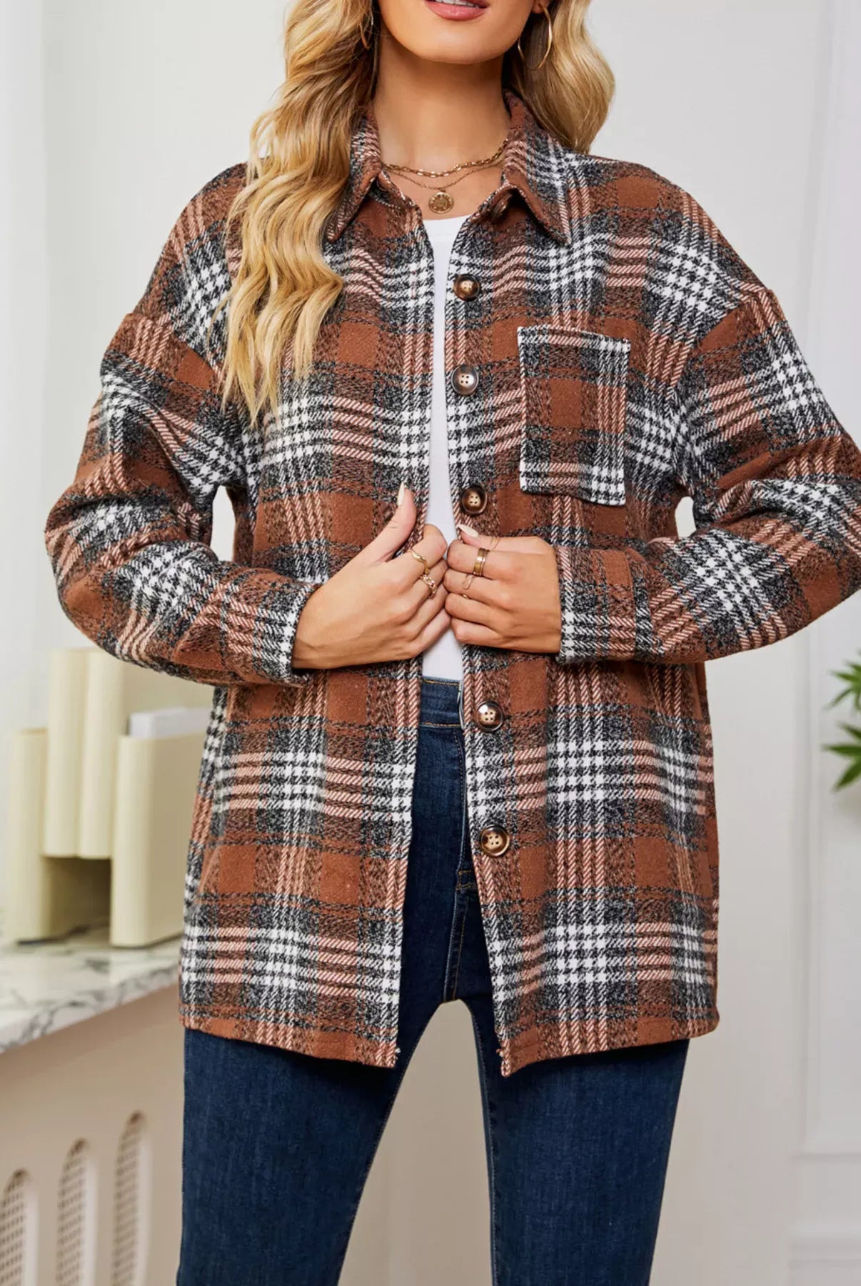 Plaid Button Up Long Sleeve Shacket-Jacket-Krush Kandy, Women's Online Fashion Boutique Located in Phoenix, Arizona (Scottsdale Area)