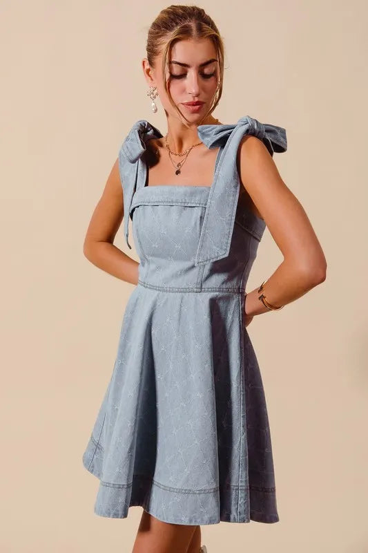 SO ME A Line Bow Denim Dress-Dresses-Krush Kandy, Women's Online Fashion Boutique Located in Phoenix, Arizona (Scottsdale Area)