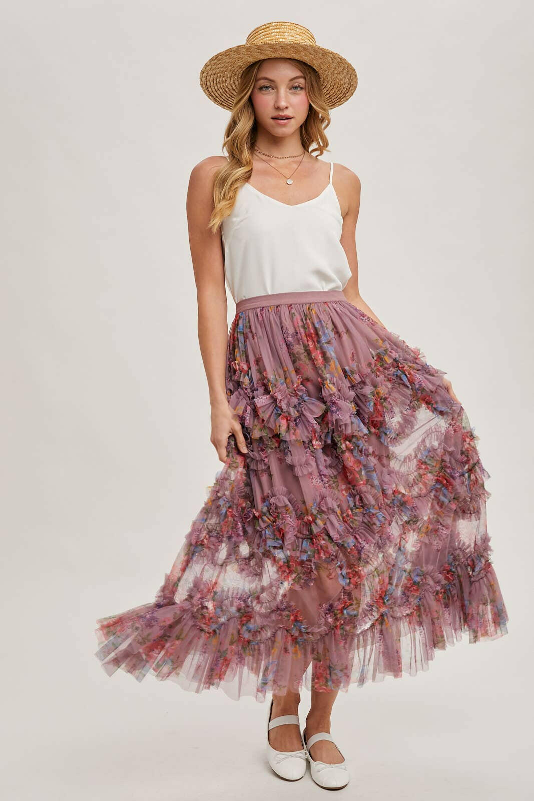 Floral Ruffled Mesh Midi Skirt-Skirts-Krush Kandy, Women's Online Fashion Boutique Located in Phoenix, Arizona (Scottsdale Area)