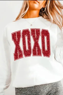 White Glitter XOXO Graphic Crewneck Valentines Pullover Sweatshirt-Krush Kandy, Women's Online Fashion Boutique Located in Phoenix, Arizona (Scottsdale Area)