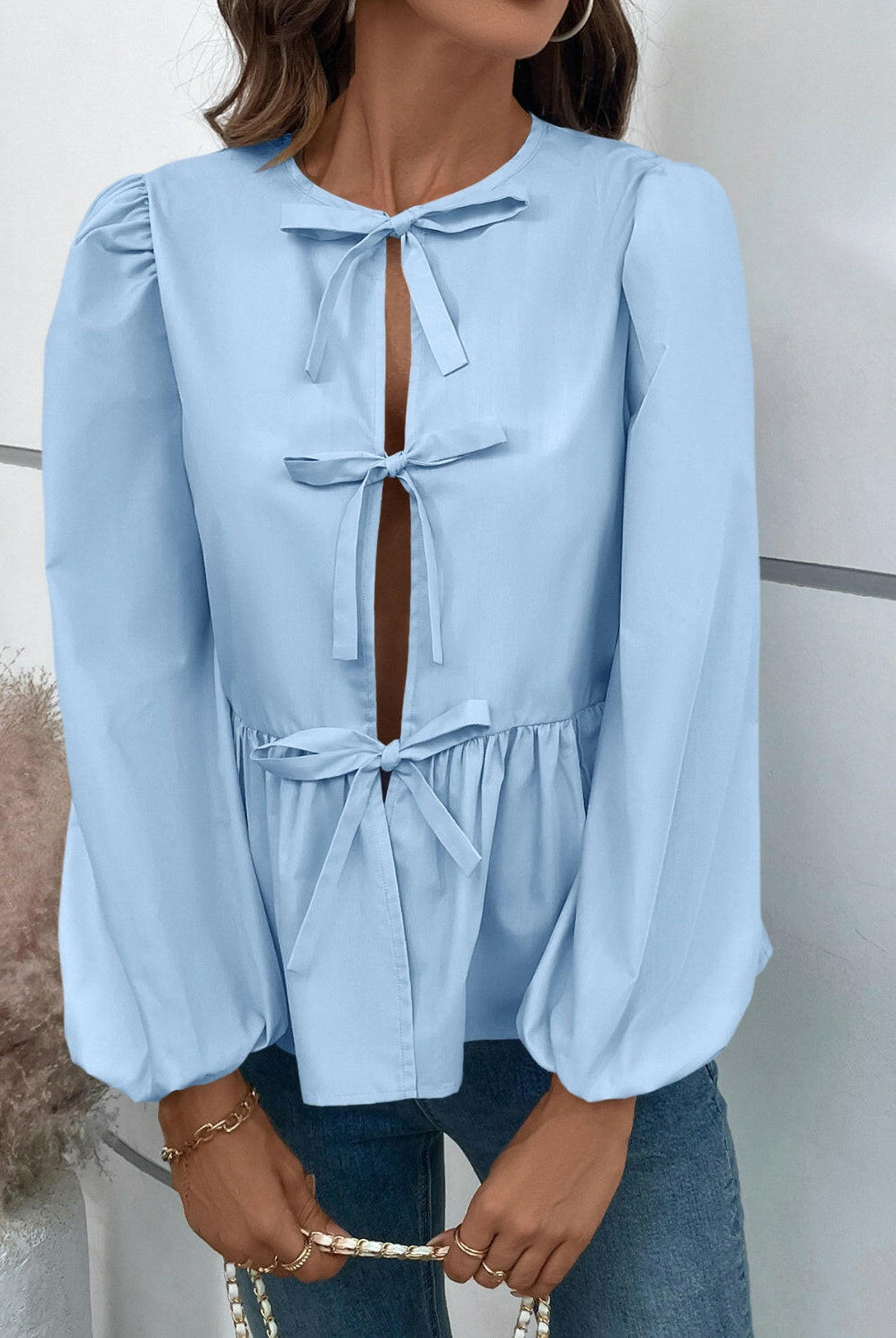 Ivy Lane Peplum Tied Long Sleeve Blouse-Krush Kandy, Women's Online Fashion Boutique Located in Phoenix, Arizona (Scottsdale Area)