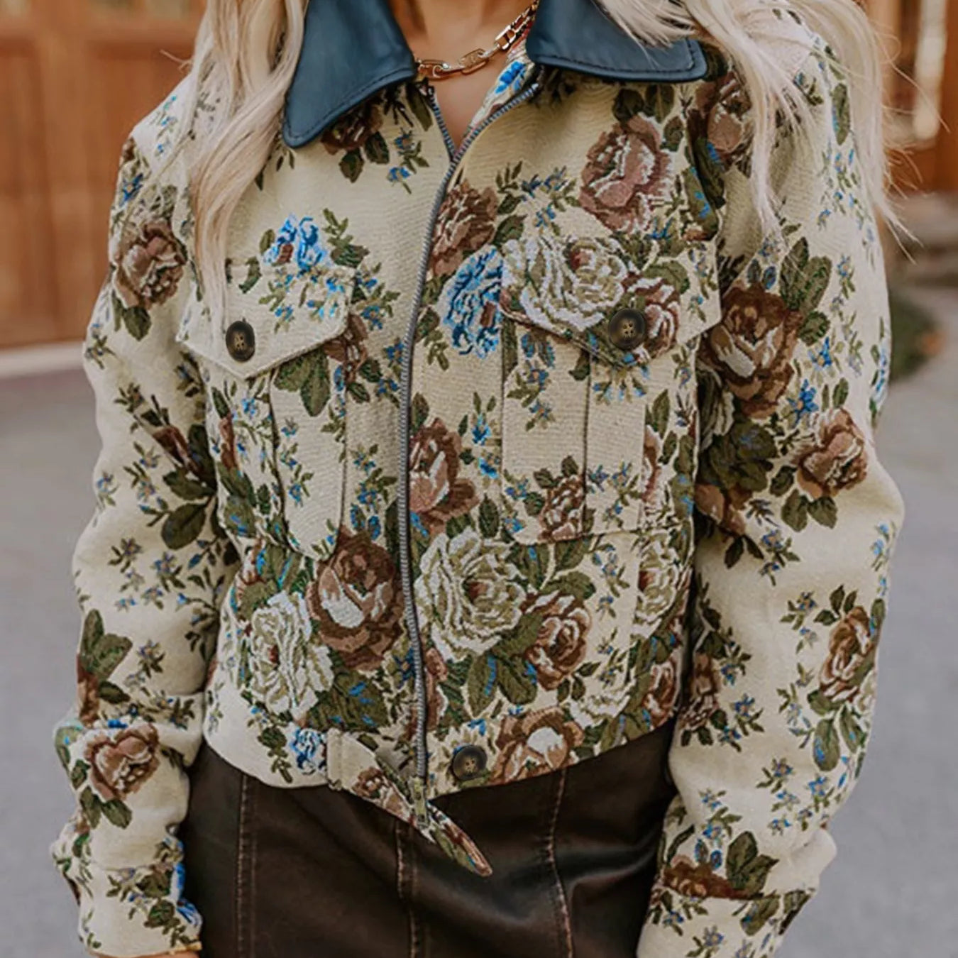 Floral Print Zip Up Contrast Collared Jacket-Jacket-Krush Kandy, Women's Online Fashion Boutique Located in Phoenix, Arizona (Scottsdale Area)