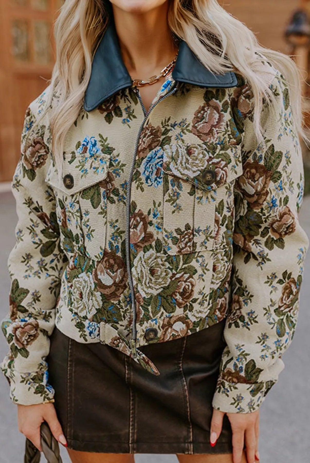 Floral Print Zip Up Contrast Collared Jacket-Jacket-Krush Kandy, Women's Online Fashion Boutique Located in Phoenix, Arizona (Scottsdale Area)