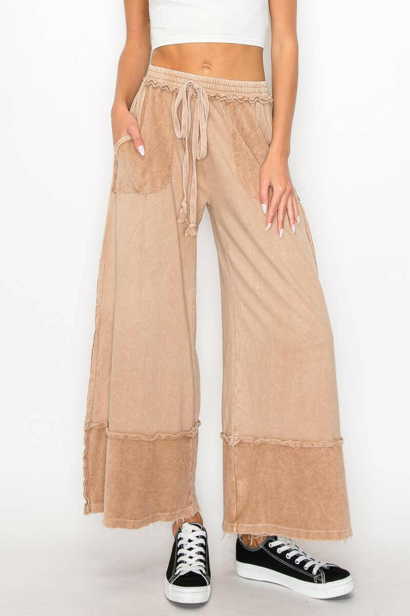 J.HER Mineral Wash Wide Pants with Raw Hem Frayed Details-Pants-Krush Kandy, Women's Online Fashion Boutique Located in Phoenix, Arizona (Scottsdale Area)