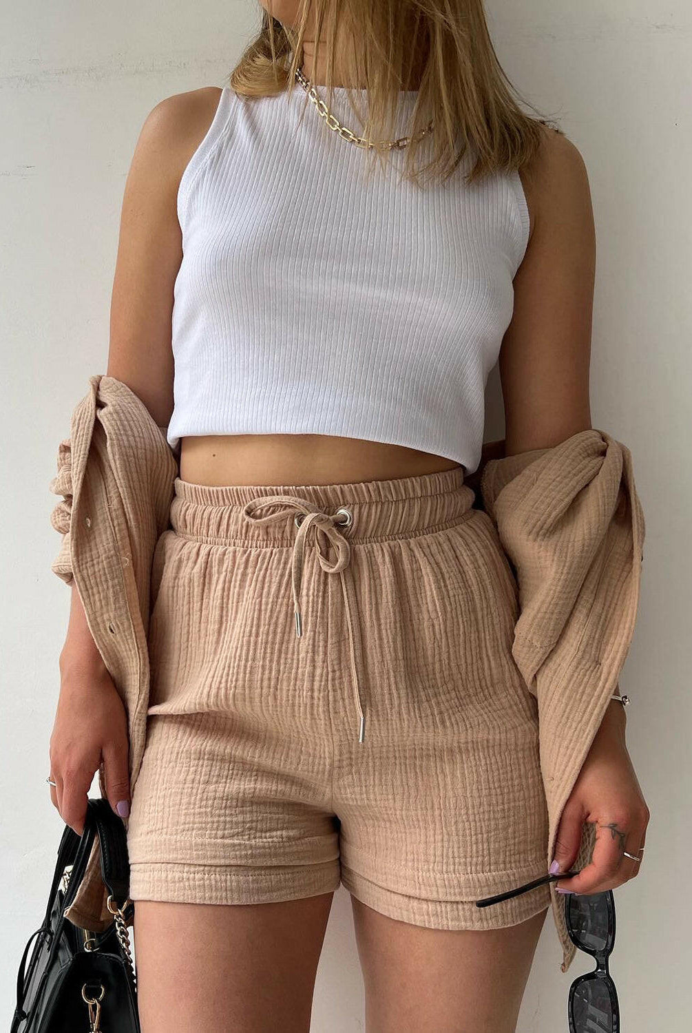 Kinsley Texture Button-Up Shirt and Drawstring Shorts Set-Krush Kandy, Women's Online Fashion Boutique Located in Phoenix, Arizona (Scottsdale Area)