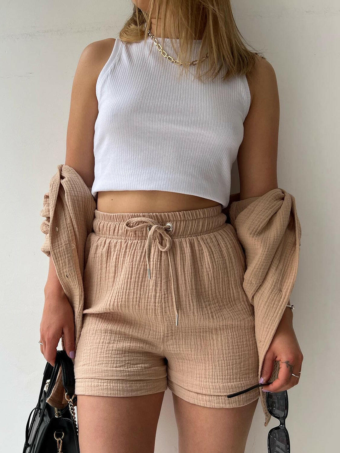 Kinsley Texture Button-Up Shirt and Drawstring Shorts Set-Krush Kandy, Women's Online Fashion Boutique Located in Phoenix, Arizona (Scottsdale Area)