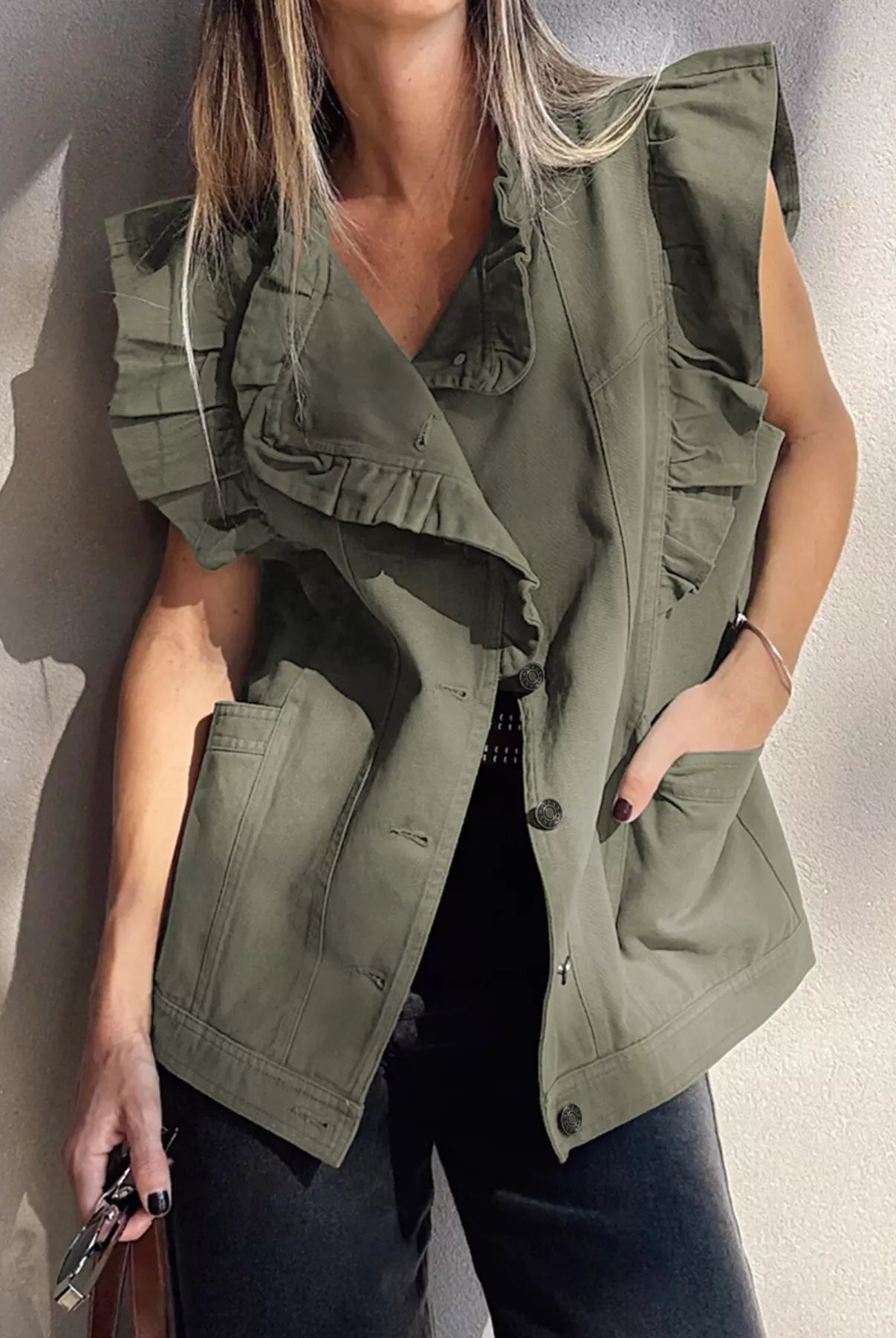 Ruffled Patchwork Denim Jacket Vest-Krush Kandy, Women's Online Fashion Boutique Located in Phoenix, Arizona (Scottsdale Area)