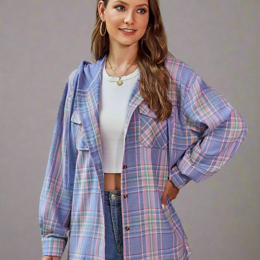 Mandy Holiday Plaid Long Sleeve Hooded Jacket-Shackets-Krush Kandy, Women's Online Fashion Boutique Located in Phoenix, Arizona (Scottsdale Area)