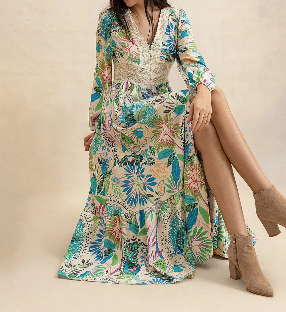 Slit Printed V-Neck Long Sleeve Midi Dress-Dresses-Krush Kandy, Women's Online Fashion Boutique Located in Phoenix, Arizona (Scottsdale Area)