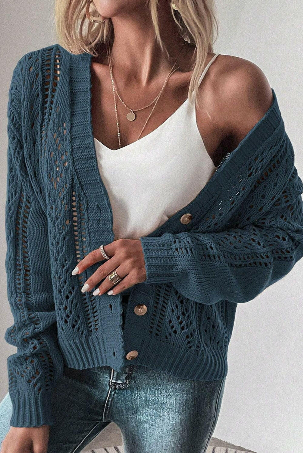 Openwork Button Up Long Sleeve Cardigan-Sweaters-Krush Kandy, Women's Online Fashion Boutique Located in Phoenix, Arizona (Scottsdale Area)