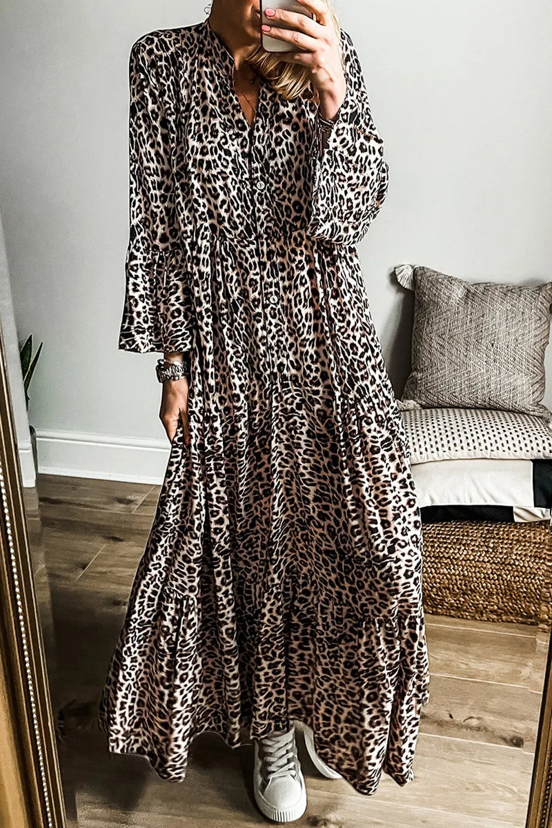 long sleeve leopard maxi dress Notched – Krush Kandy Color:Spice brown How To Wear Jewelry on / Elastic waist Fabric_linen