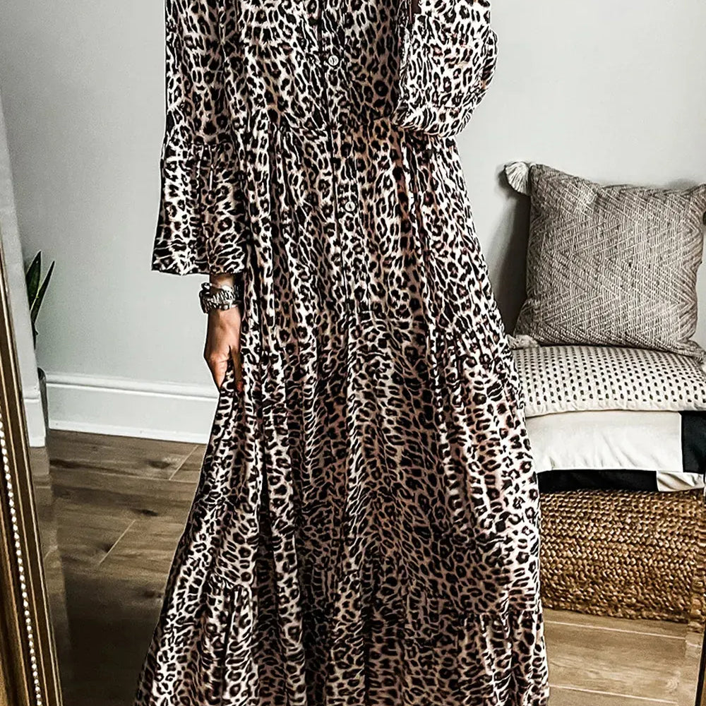 Leopard Notched Long Sleeve Maxi Dress-Dresses-Krush Kandy, Women's Online Fashion Boutique Located in Phoenix, Arizona (Scottsdale Area)