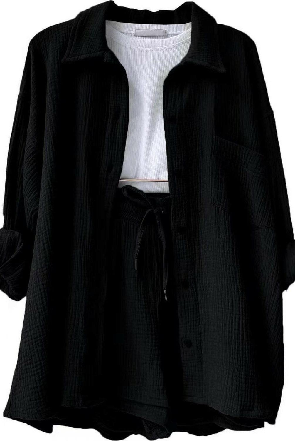 Kinsley Texture Button-Up Shirt and Drawstring Shorts Set-Krush Kandy, Women's Online Fashion Boutique Located in Phoenix, Arizona (Scottsdale Area)