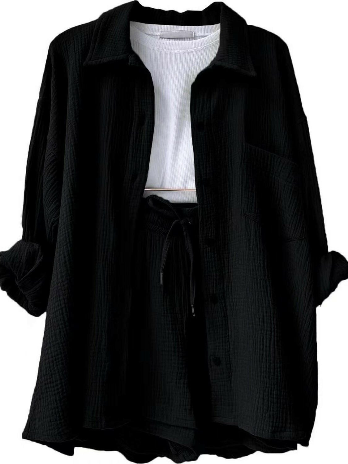 Kinsley Texture Button-Up Shirt and Drawstring Shorts Set-Krush Kandy, Women's Online Fashion Boutique Located in Phoenix, Arizona (Scottsdale Area)