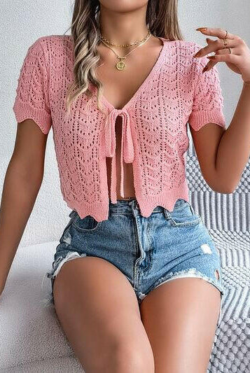 Tied Openwork Short Sleeve Cardigan-Krush Kandy, Women's Online Fashion Boutique Located in Phoenix, Arizona (Scottsdale Area)