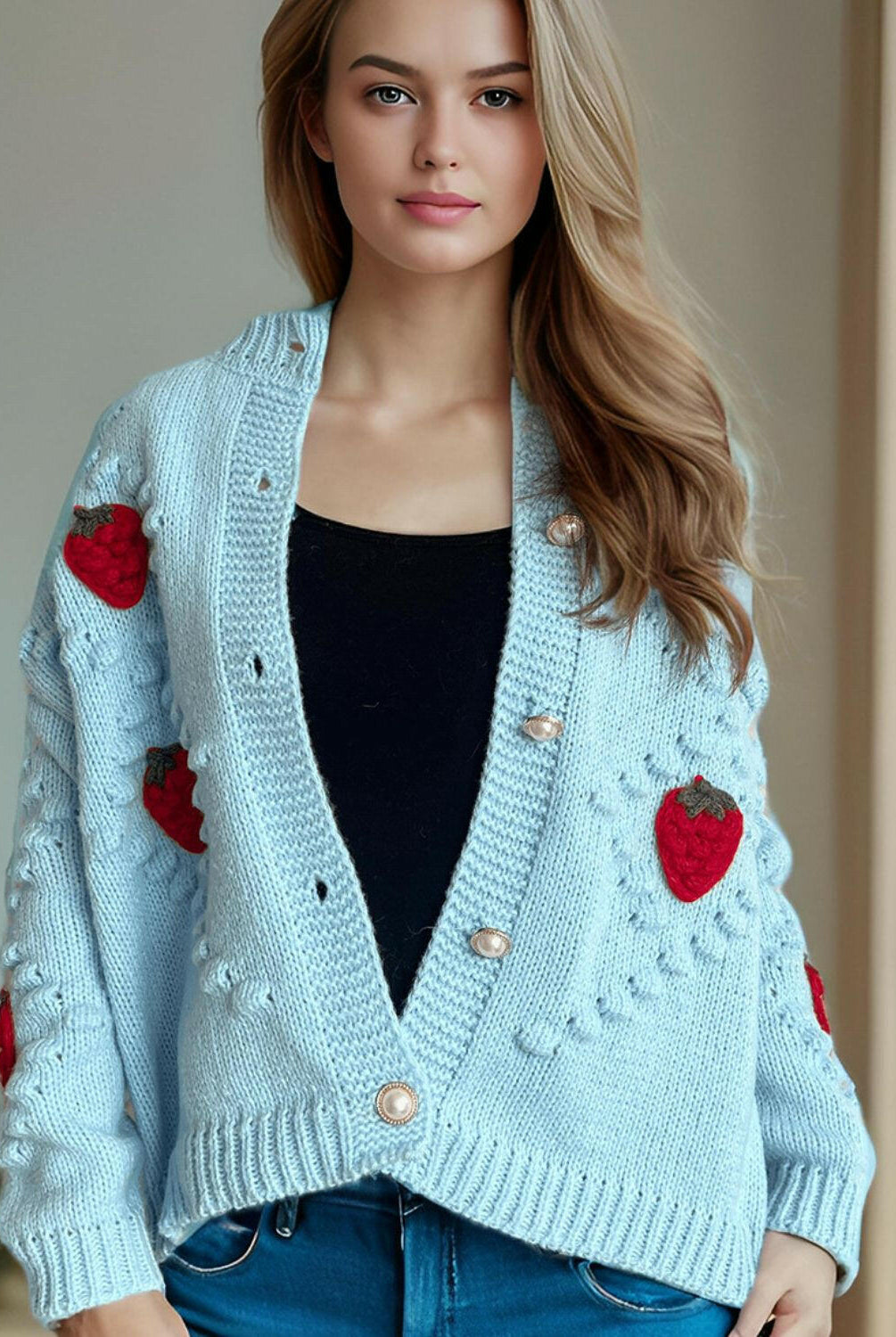 Strawberry Button Down Long Sleeve Cardigan-Cardigans-Krush Kandy, Women's Online Fashion Boutique Located in Phoenix, Arizona (Scottsdale Area)