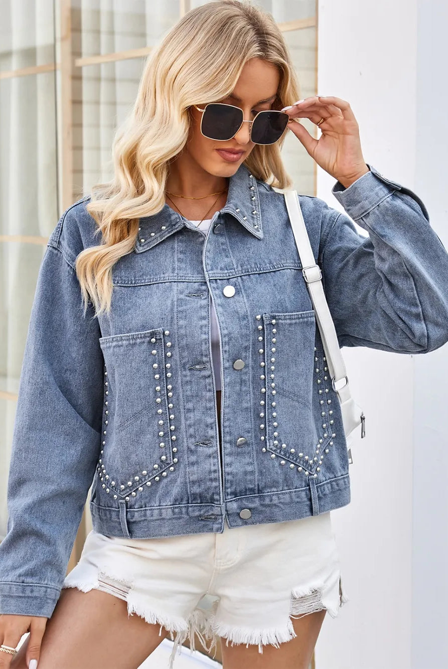 Studded Long Sleeve Denim Jacket-Krush Kandy, Women's Online Fashion Boutique Located in Phoenix, Arizona (Scottsdale Area)