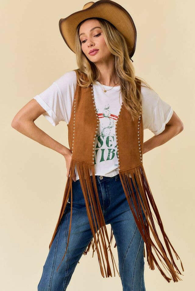 Studded Long Fringe Faux Suede Vest-Vests-Krush Kandy, Women's Online Fashion Boutique Located in Phoenix, Arizona (Scottsdale Area)