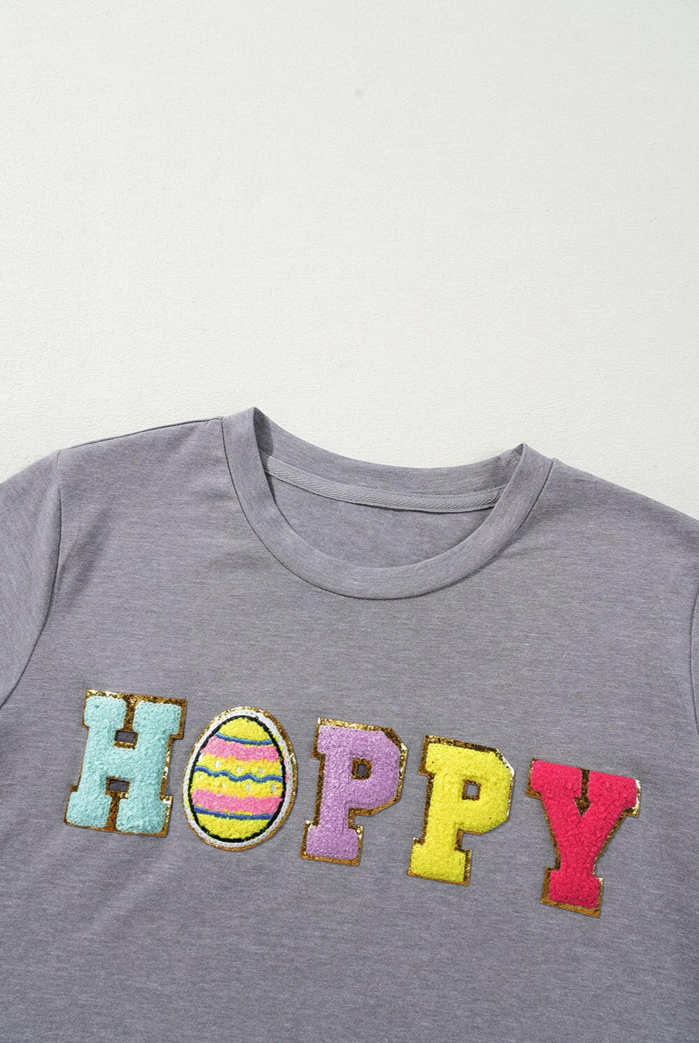 HOPPY Chenille Patch Round Neck Short Sleeve T-Shirt-Graphic Tees-Krush Kandy, Women's Online Fashion Boutique Located in Phoenix, Arizona (Scottsdale Area)