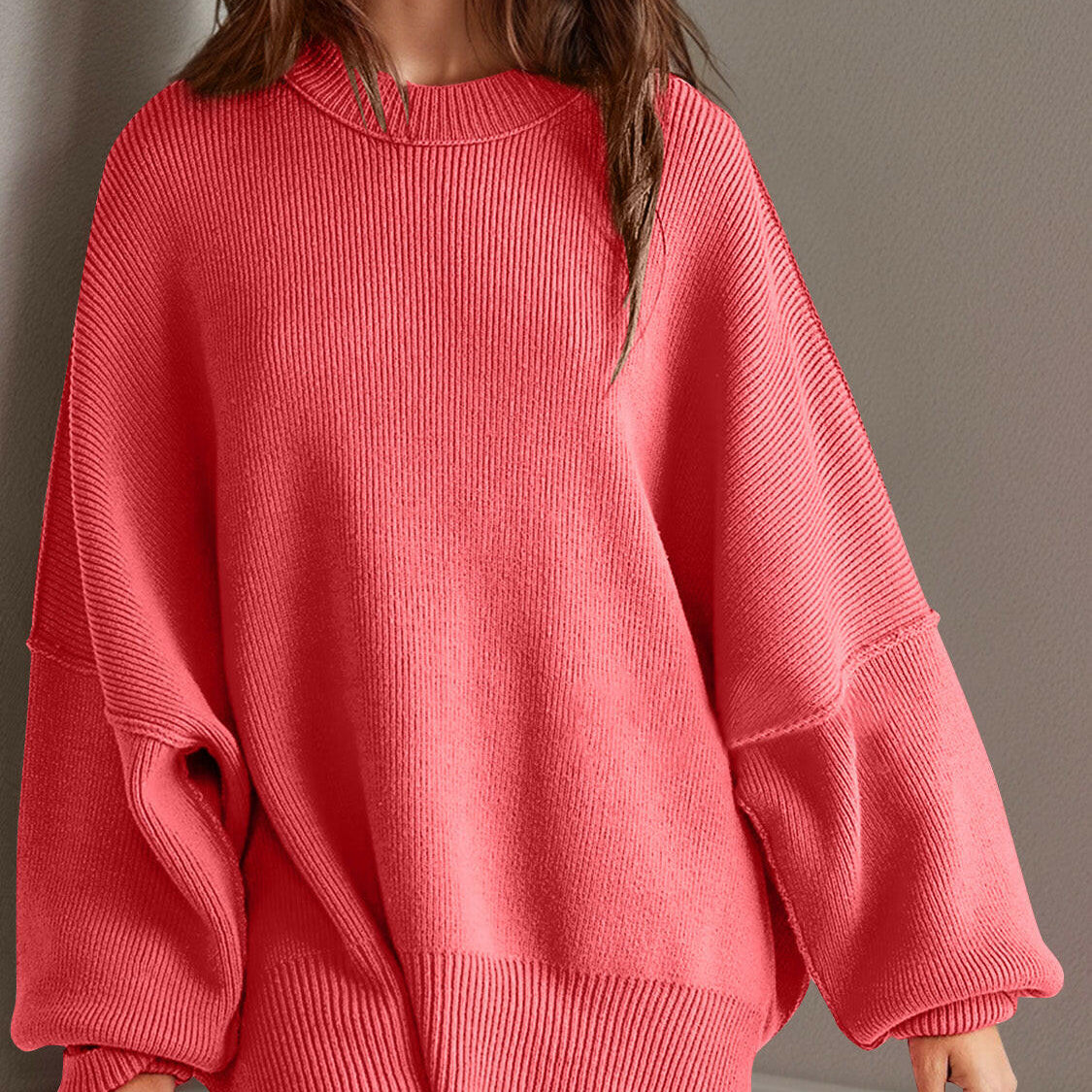 Double Take Side Slit Round Neck Long Sleeve Sweater-Sweaters-Krush Kandy, Women's Online Fashion Boutique Located in Phoenix, Arizona (Scottsdale Area)