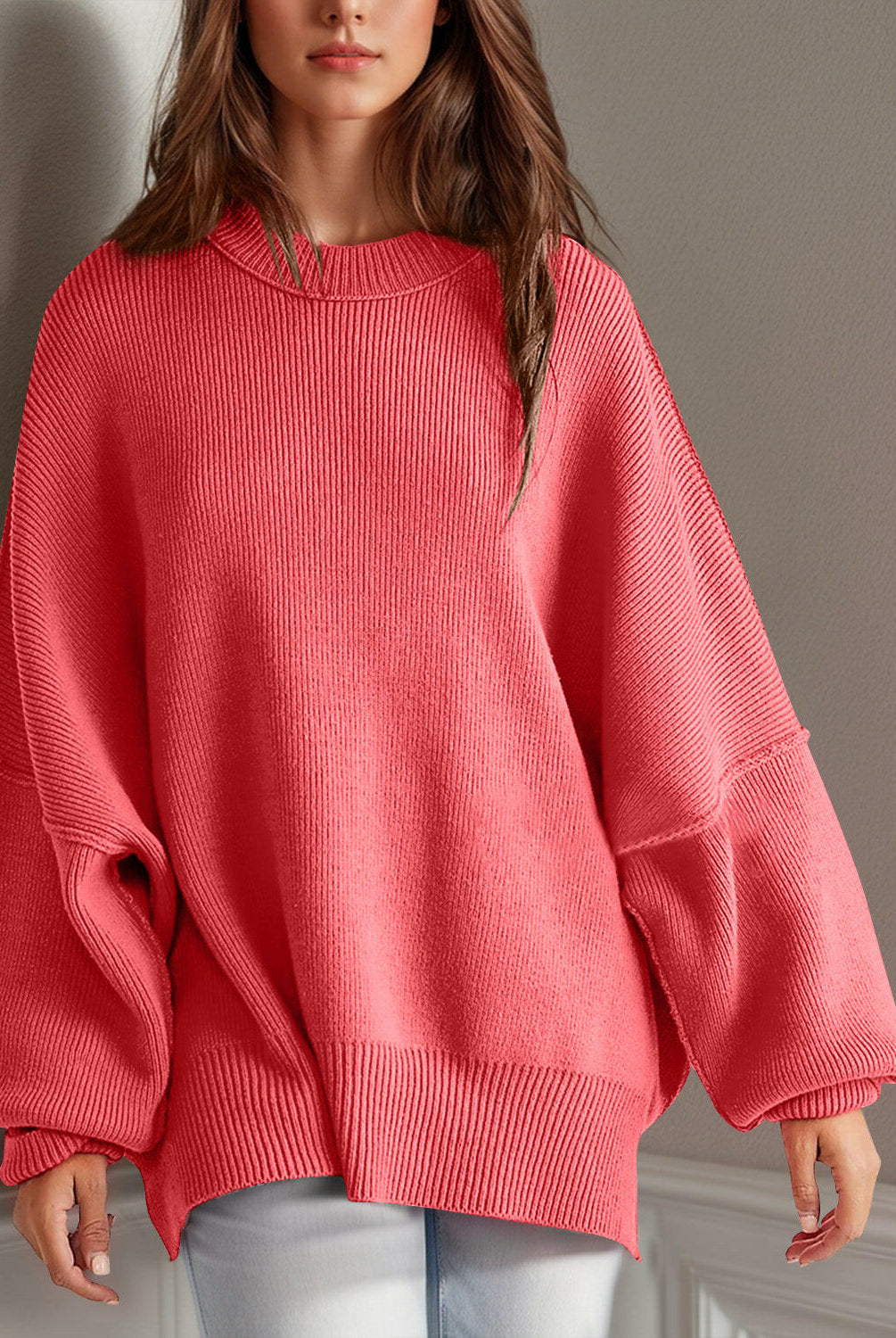 Double Take Side Slit Round Neck Long Sleeve Sweater-Sweaters-Krush Kandy, Women's Online Fashion Boutique Located in Phoenix, Arizona (Scottsdale Area)