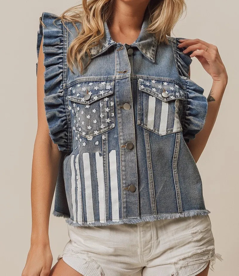 BiBi American Flag Washed Denim Jacket-Tops-Krush Kandy, Women's Online Fashion Boutique Located in Phoenix, Arizona (Scottsdale Area)