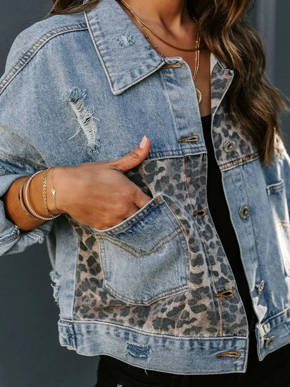 Distressed Leopard Drop Shoulder Denim Jacket-Jacket-Krush Kandy, Women's Online Fashion Boutique Located in Phoenix, Arizona (Scottsdale Area)