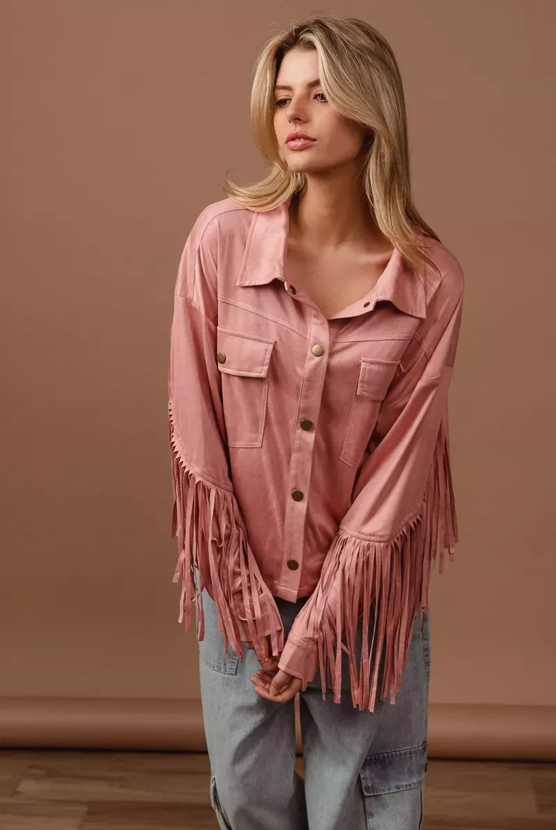 BiBi Suede Fringe Long Sleeve Jacket-Jacket-Krush Kandy, Women's Online Fashion Boutique Located in Phoenix, Arizona (Scottsdale Area)