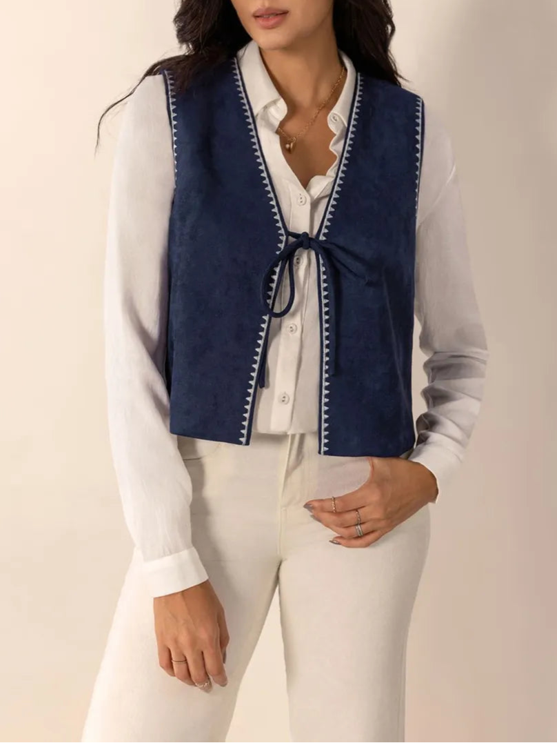 Tied Contrast Trim Vest-Vests-Krush Kandy, Women's Online Fashion Boutique Located in Phoenix, Arizona (Scottsdale Area)